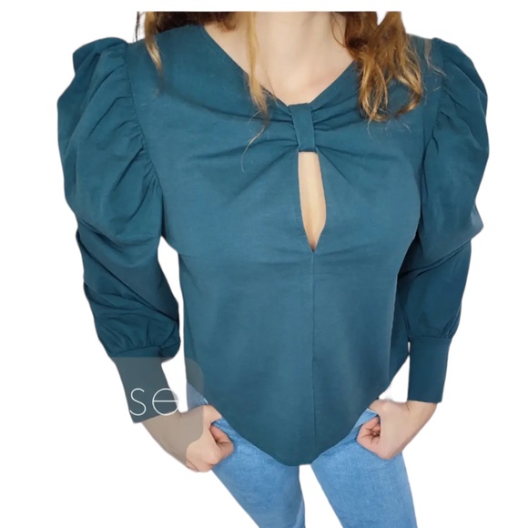Zara Turquoise Long Puff Sleeve V-Neck Top Size S - Picture 4 of 10